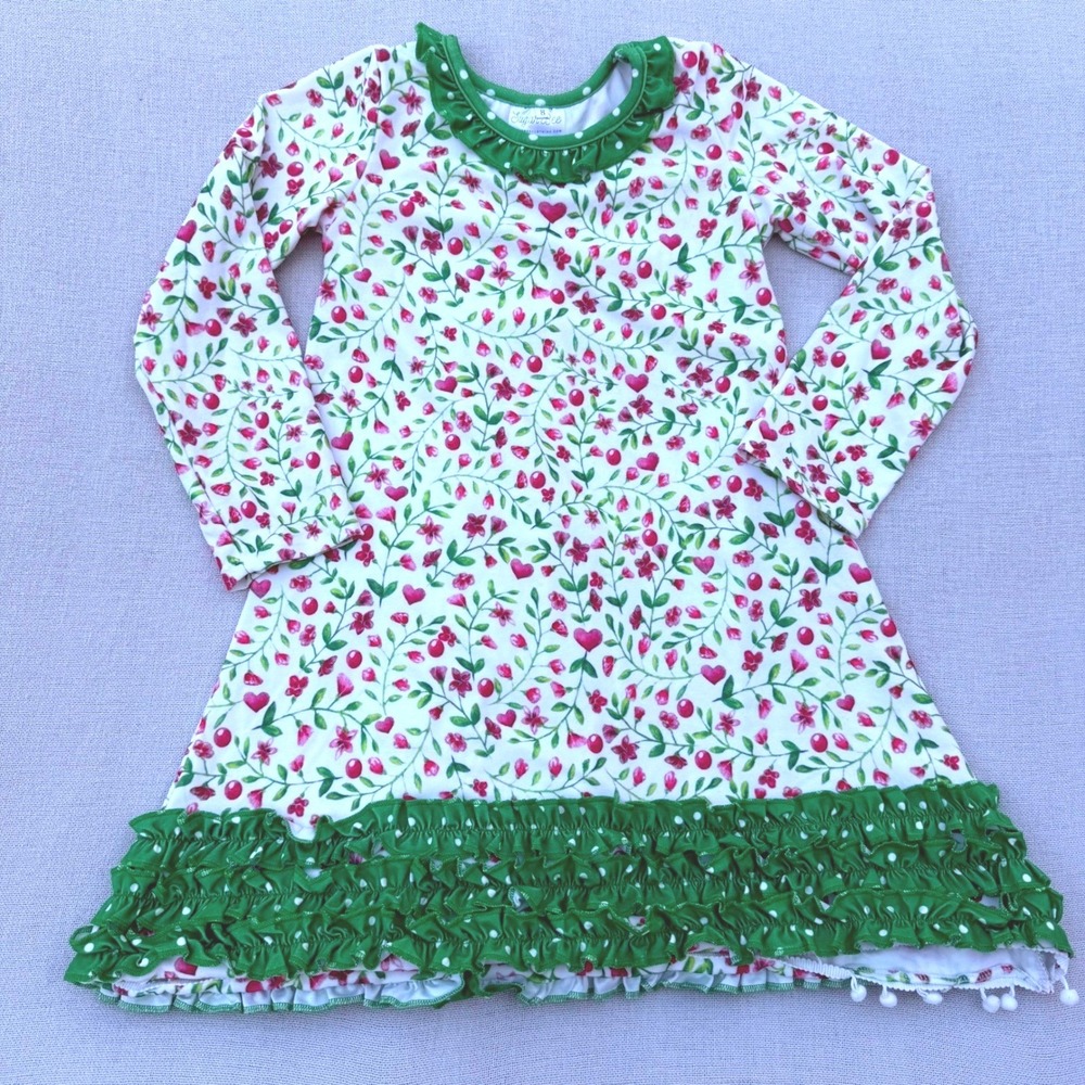 Sugar Bee Girls Floral Heart Ruffle Nightgown Green Polka Dot Long Sleeve Size 8